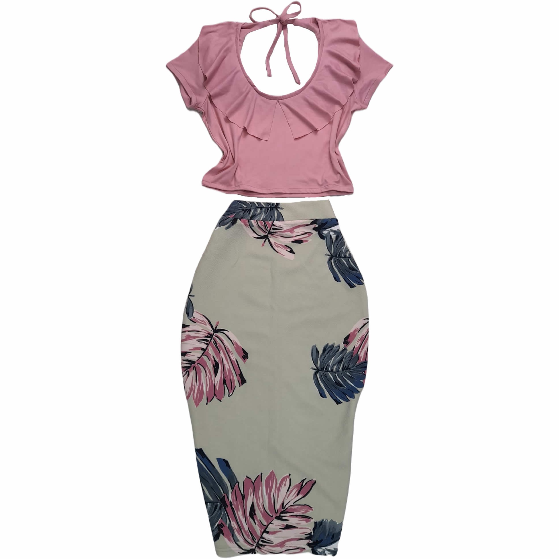 Ruffles Crew Neck Long Sleeve Blouse And Floral Pencil Skirt